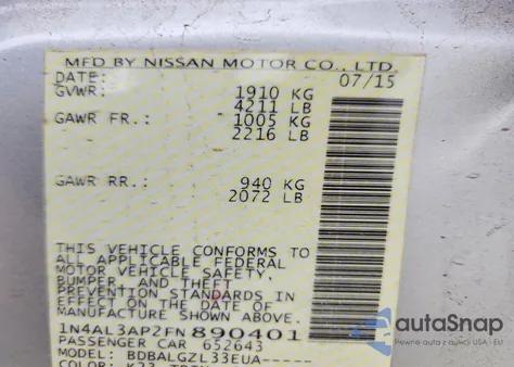 2015 Nissan Altima 2.5 z USA, uszkodzony, nr VIN 1N4AL3AP2FN890401